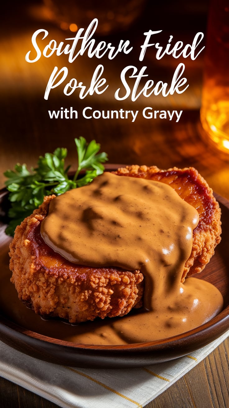 Delight in the comforting flavors of Southern Fried Pork Steak paired with rich Country Gravy. This recipe brings together crispy, tender pork steak and a savory gravy that transforms any meal into a cozy dining experience reminiscent of home-cooked goodness.